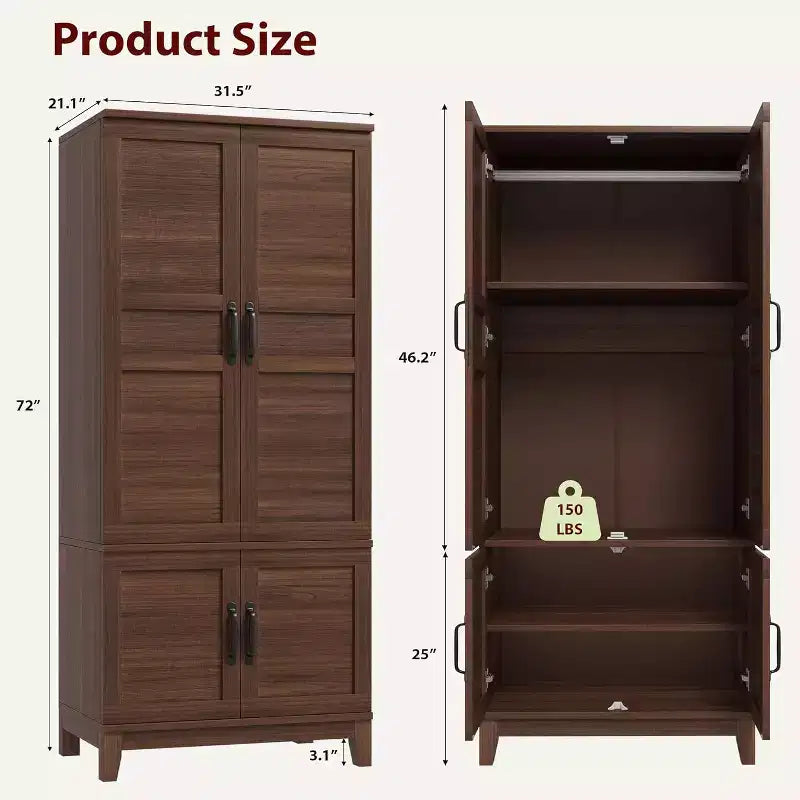 72 Wooden Armoire Wardrobe Closet with 4 Doors, Hanging Rod, and 18 Adjustable Shelves for Bedroom Storage, Clothing Cabinet for Organized Wardrobe