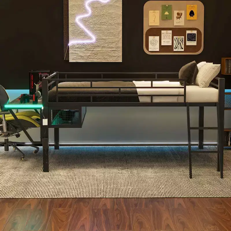 Full Size Metal Loft Bed with Desk and LED Lights, Gaming Loft Bed Frame with Storage, Black
