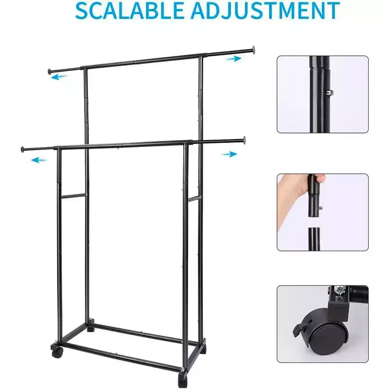 Heavy Duty Double Rod Rolling Clothes Rack, Adjustable Metal Garment Rack with 150 lbs Load Capacity, Locking Wheels & Bottom Shelf