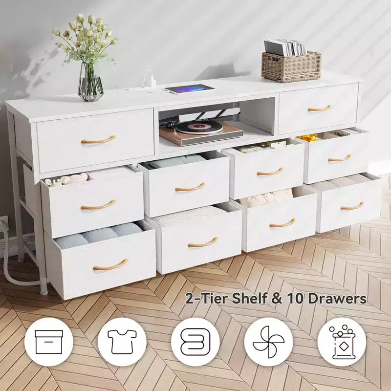 63 Inch Wide White TV Stand Dresser For 75 Inch TV 10 Drawer Fabric Storage Chest Charging Station LED Lights Media Console Bedroom Furniture Unit