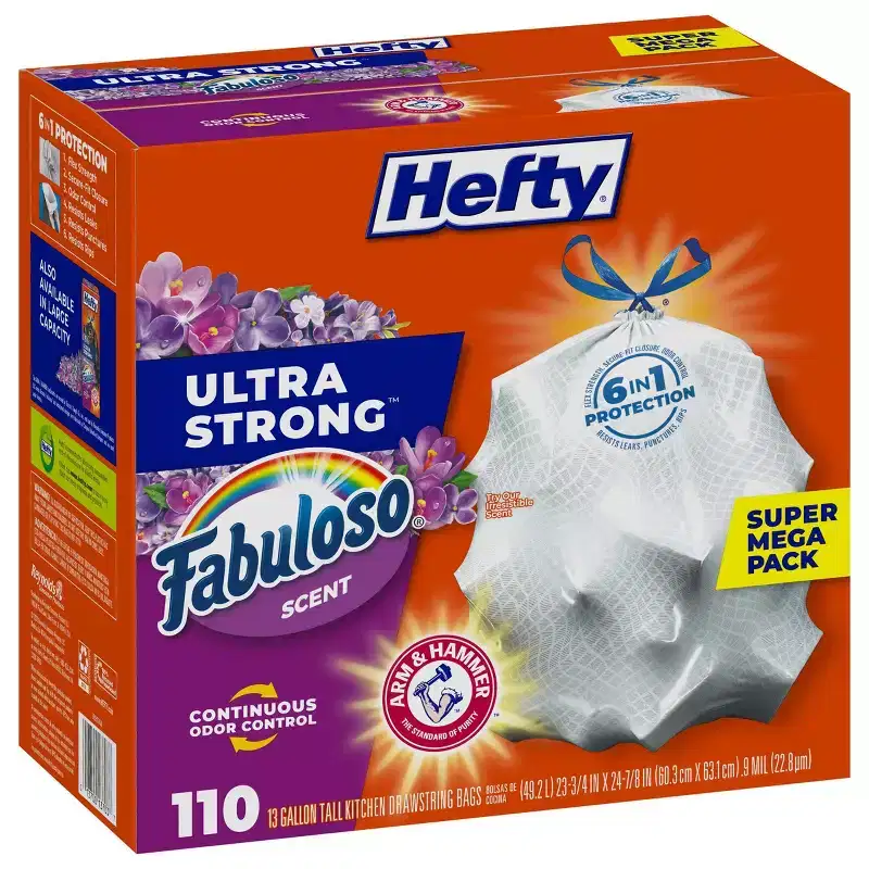Hefty Ultra Strong Fabuloso Tall Kitchen Trash Bags - 13gal/110ct: Drawstring, Solid Pattern, Polyethylene, White