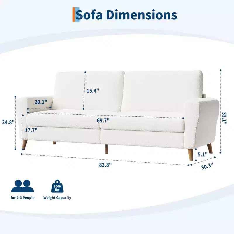 84 Sofa, 3 Seater Couch for Living Room, Modern Loveseat, Boucle Sofa with Deep Seats and Wide Armrests, Wood Legs, Easy Assembly, Dark Blue