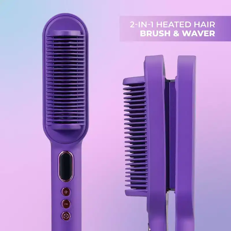 JOHN FRIEDA Heated Hairbrush & Waver  2-in-1 Ceramic Straightener Brush, 4 Heat Settings, Fast Heat-Up, Auto Shut-Off, Anti-Frizz Styling