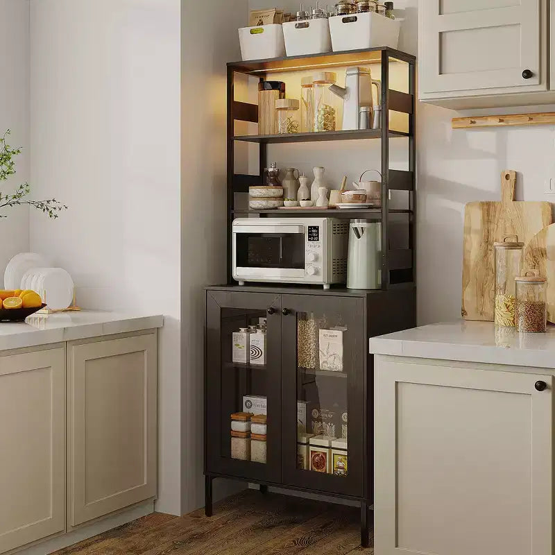 66.9 Kitchen Bakers Rack with Power Outlet, Pantry Storage Cabinet with LED Lights, Glass Door Bar Cart for Dining Room, Living Room