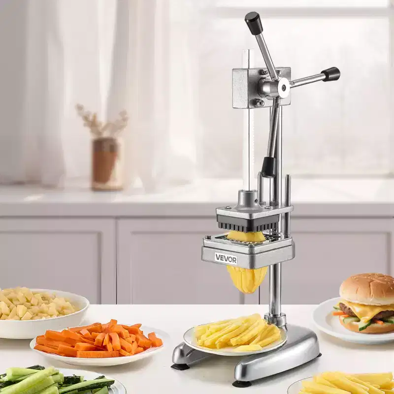 VEVOR Commercial French Fry Cutter, Stainless Steel Vegetable Fruit Chopper with 3 Replacement Blades 1/2-Inch 3/8-Inch 1/4-Inch, Silver