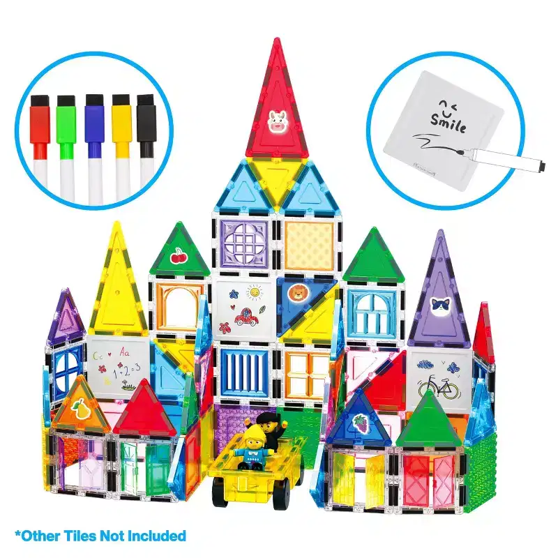 PICASSO-TILES Canvas Whiteboard with 8PCS Magnetic Building Tiles & 5 Marker Pens, Expansion Construction Blocks, STEAM Educational Toy Set for Kids
