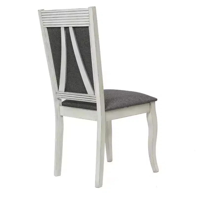 LuxenHome Set of 2 Distressed Off White Rubberwood and Gray Upholstered Dining Chair