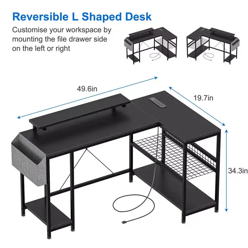 L Shaped Corner Gaming Desk with Lights, Power Outlet & Storage, Small Computer Desk with Monitor Stand & Storage Shelves