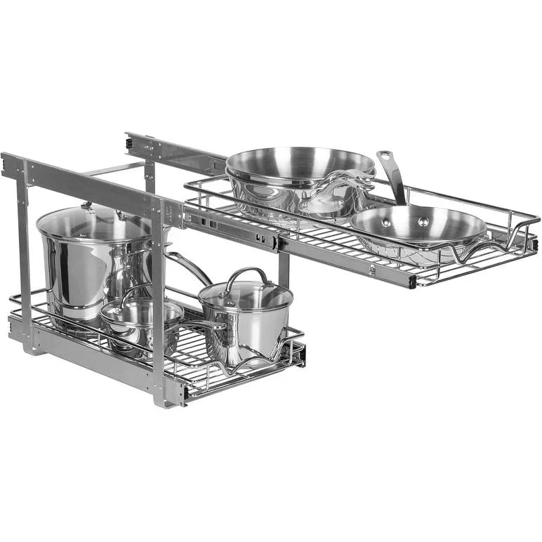 Pull Out Cabinet Organizer 2 Tier  Heavy Duty Metal with Lifetime Limited Warranty - Anti Rust Chrome Finish