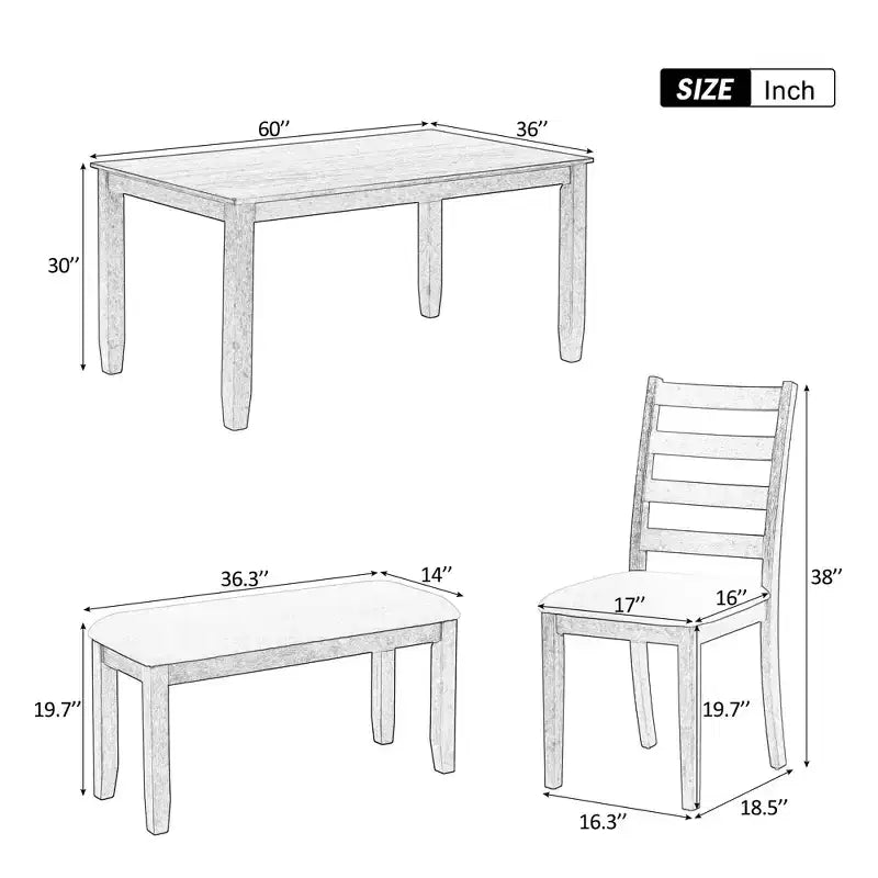6 PCS Rustic Wood Dining Table Set, Rectangular Table with 4 Chairs & Bench-ModernLuxe