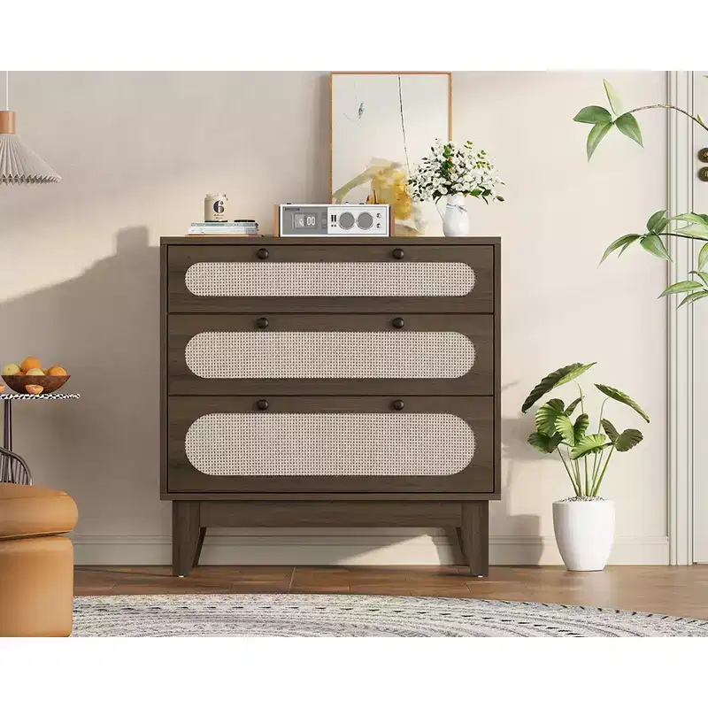 WhizMax 3 Drawer Wood Dresser, Rattan Nightstand Bedside Table