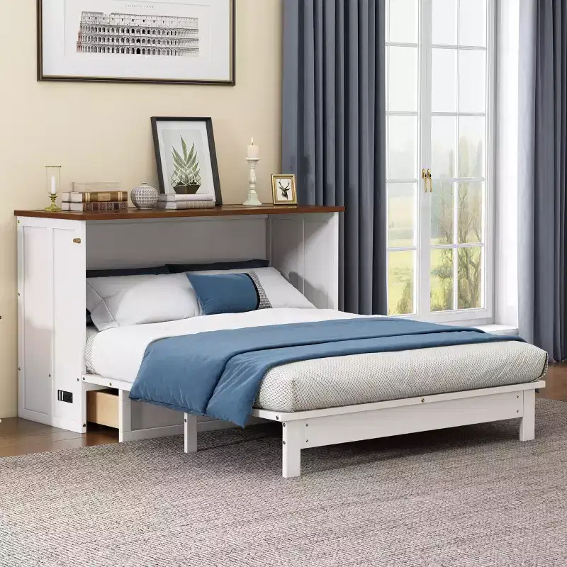 Full/Queen Size Murphy Bed with Large Storage Drawer, Wooden Cabinet Bed Wall Bed with Charging Station, Folding Wall Chest Bed for Small Space
