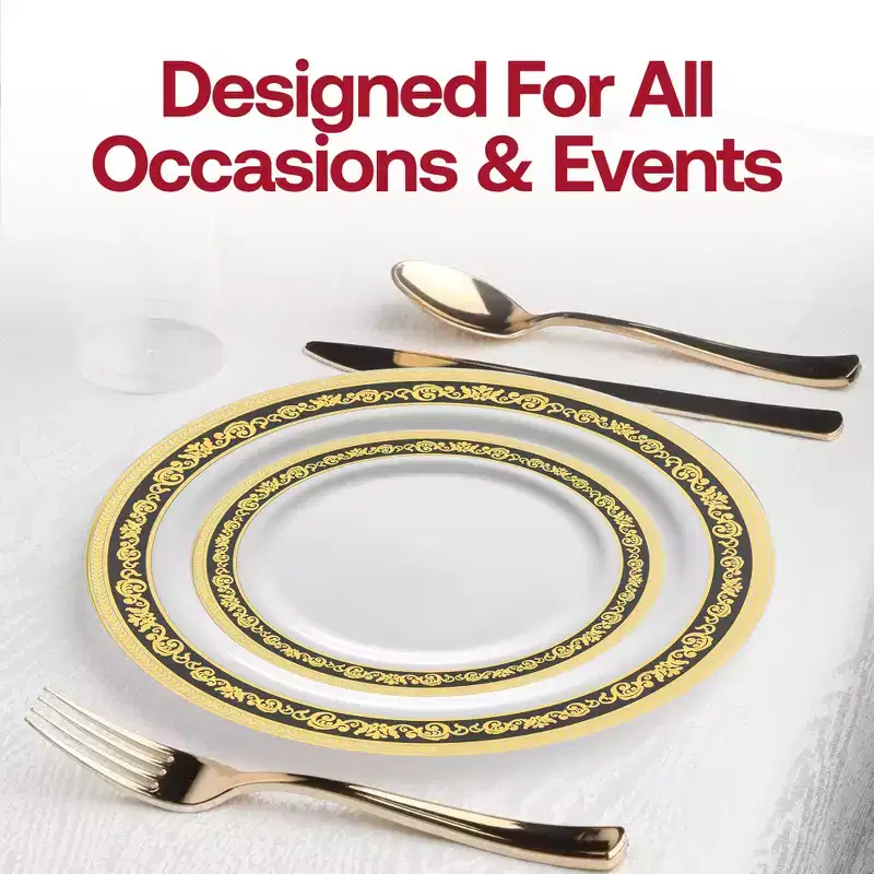Smarty Had A Party White w/ Black and Gold Royal Rim Plastic Dinnerware Set - 40 Sets