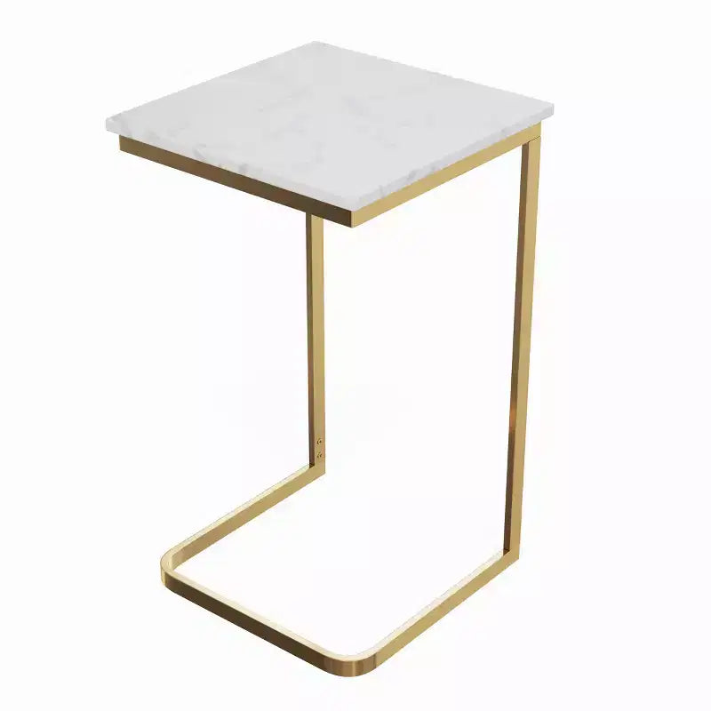Lavish Home C-Shaped End Table - Real Marble Side Table with Gold Iron Frame for Couch, Loveseat or Bed - Modern Living Room Furniture, White