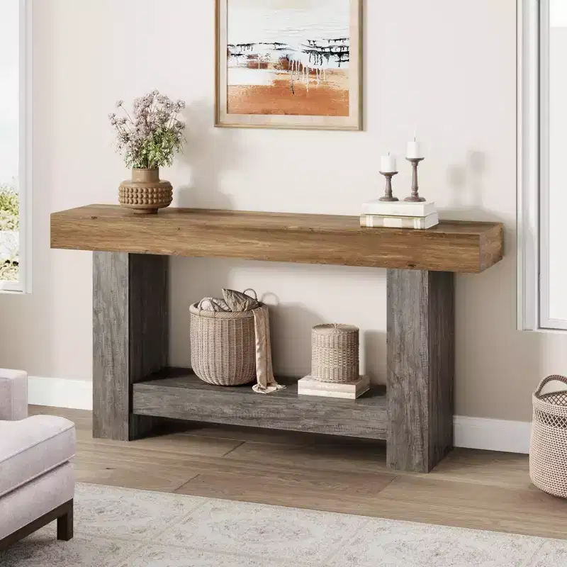 Entryway Console Table, Farmhouse 2-Tier Entryway Table, Long Sofa Accent Table Behind Couch Table