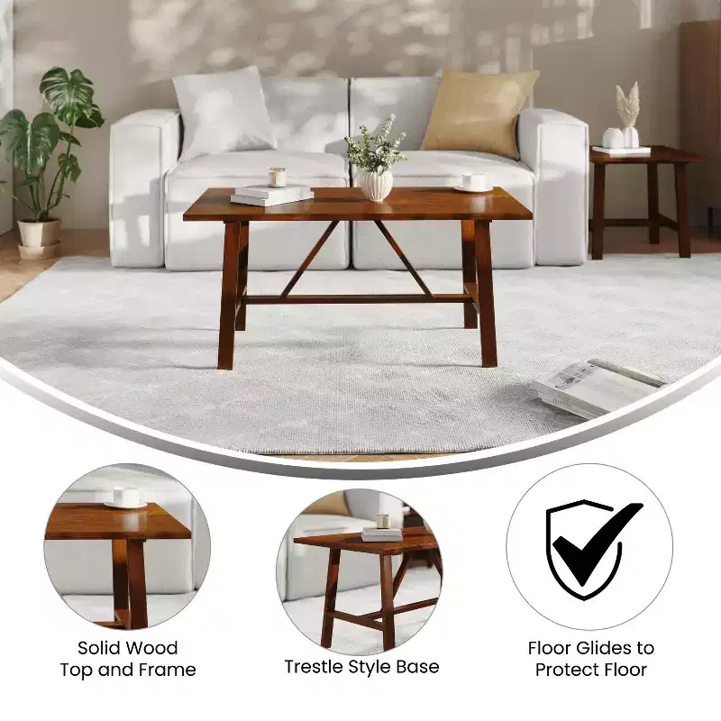Flash Furniture Eli Solid Wood Farmhouse Coffee Table, Trestle Style Accent Table