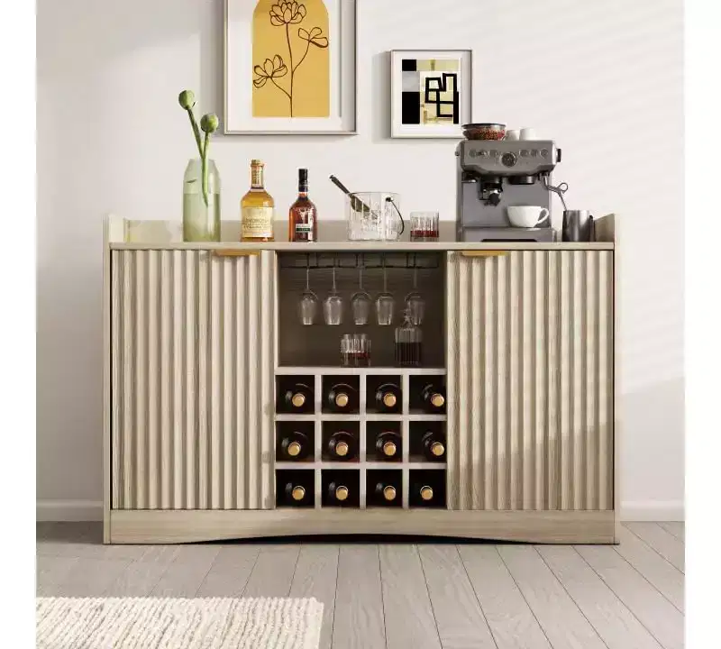 47 Modern Wine Bar Cabinet with 9 Glass Holders, 12 Wine Racks, Fluted Design, 2 Doors, Buffet Sideboard Storage for Dining & Living Room