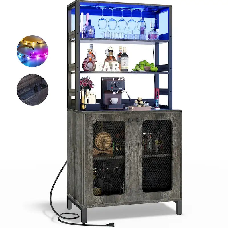 67-Inch Tall Wine Bar Cabinet with LED Lights, Glass Holder and Power Outlets