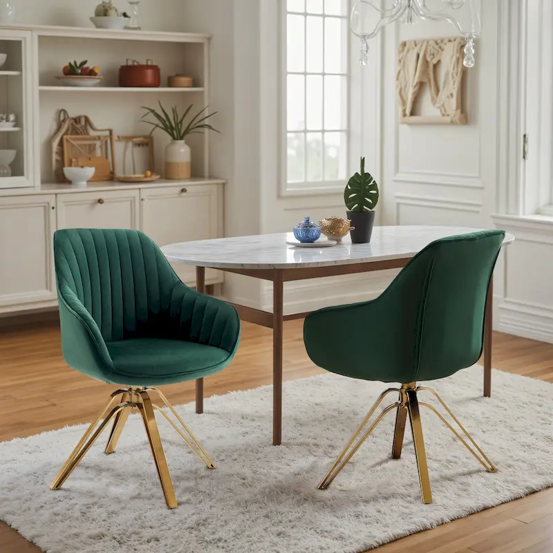Art Leon Set of 2 Velvet Swivel Dining Chair with Golden Legs