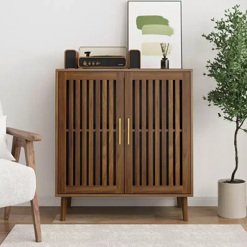 Sideboard Buffet Cabinet with Storage, Farmhouse Buffet Cabinet with Louvered Doors, Wood Coffee Bar Storage Cabinet