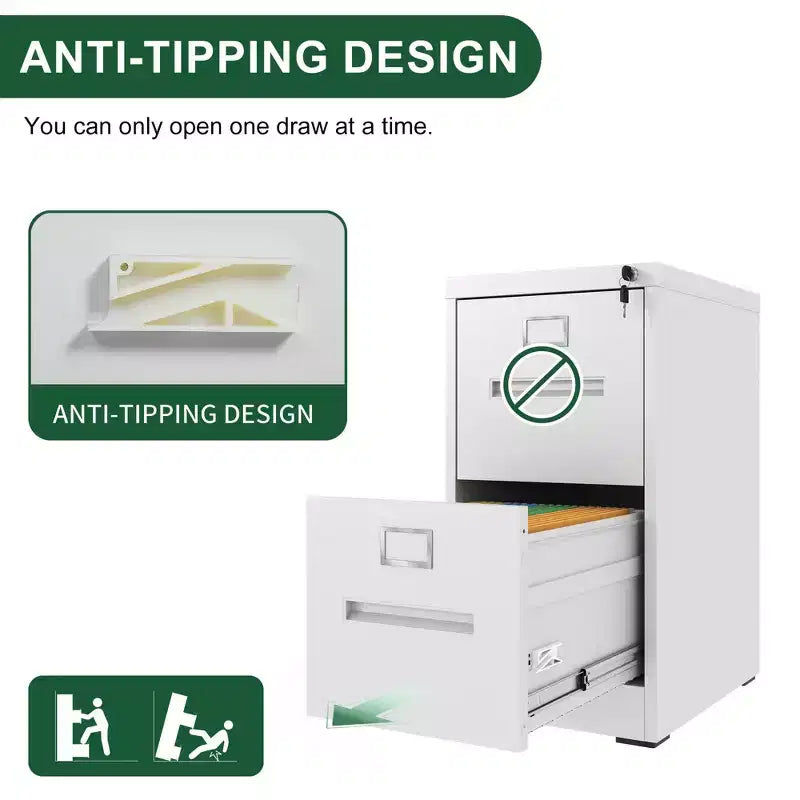 2-Drawer Narrow Metal File Cabinet with Lock – White