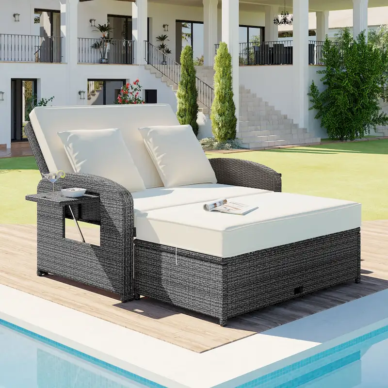 PE Wicker Rattan Double Chaise Lounge, 2-Person Reclining Daybed with Adjustable Back and Cushions, Patio Sun Lounger