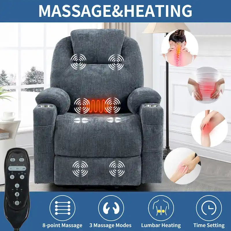 Power Lift Recliner | 8-Point Massage | Lumbar Heat | Dual USB | Steel Cup Holders | Blue