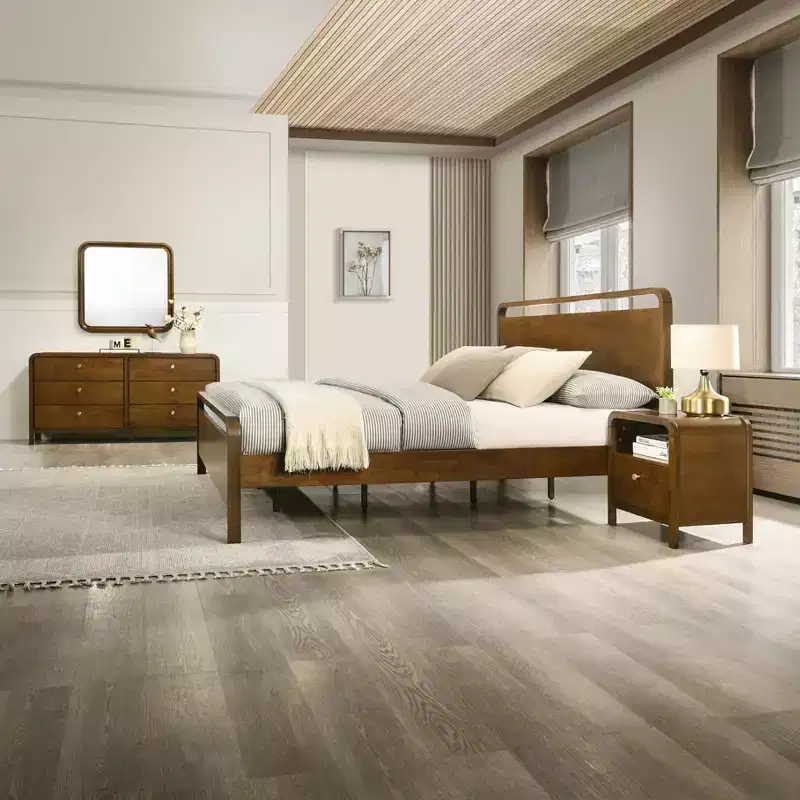 Roundhill Furniture Eldren Wood Bedroom Set, Platform Bed with Dresser, Mirror, Two Nightstands, Chest in Walnut Finish