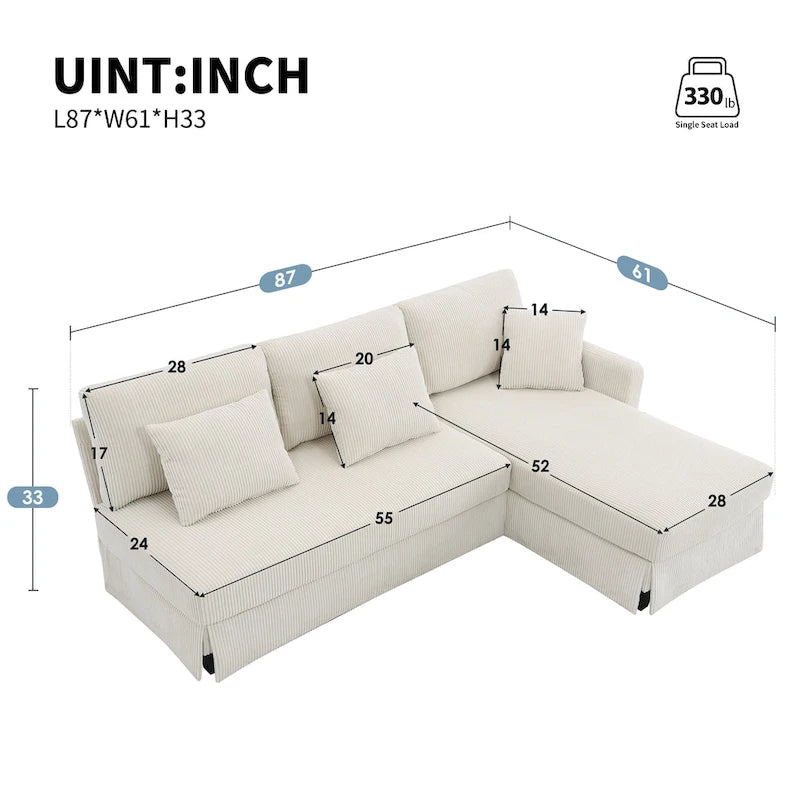 [VIDEO provided][New]87*61Modern L-shaped Corduroy Sofa with Reversible Chaise,4-seat Upholstered Sectional Indoor Furniture,Co