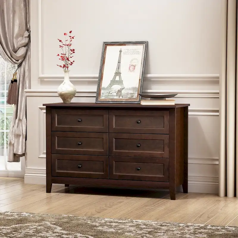 6-Drawer Sideboard Dresser – Auburn / White, Birch Frame, Retro Round Handles, Single