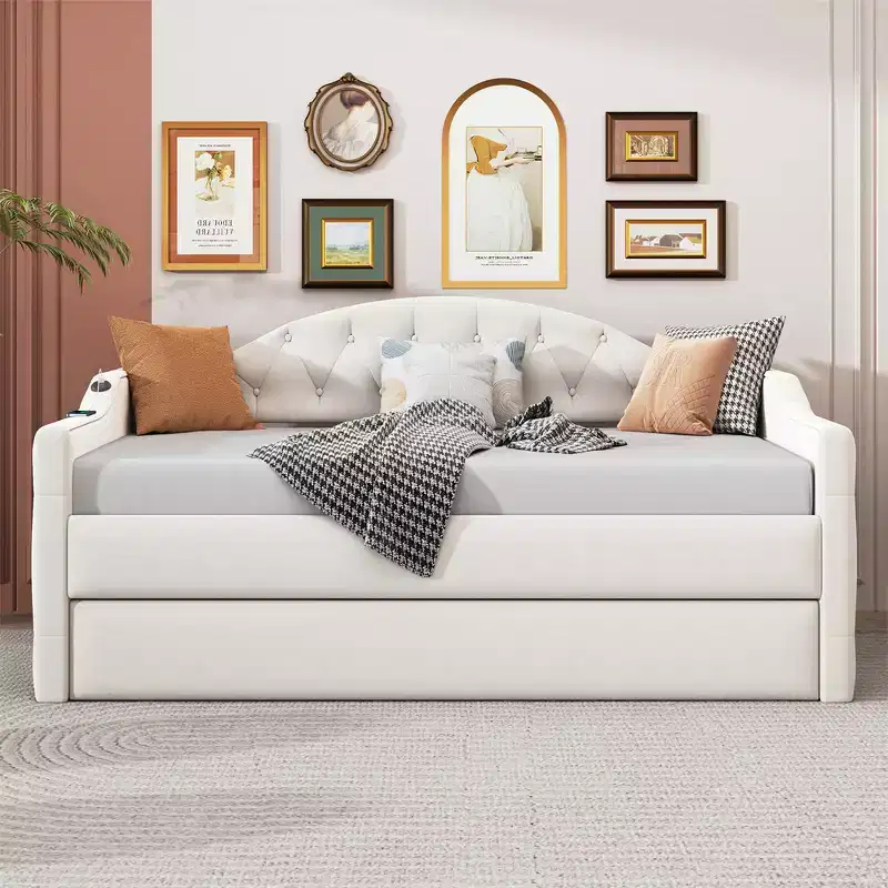 Twin Size Tufted Upholstered Daybed with Trundle, USB, Type-c Charging Ports, Wooden Bed Frame, No Box Spring Needed, Velvet Upholstered