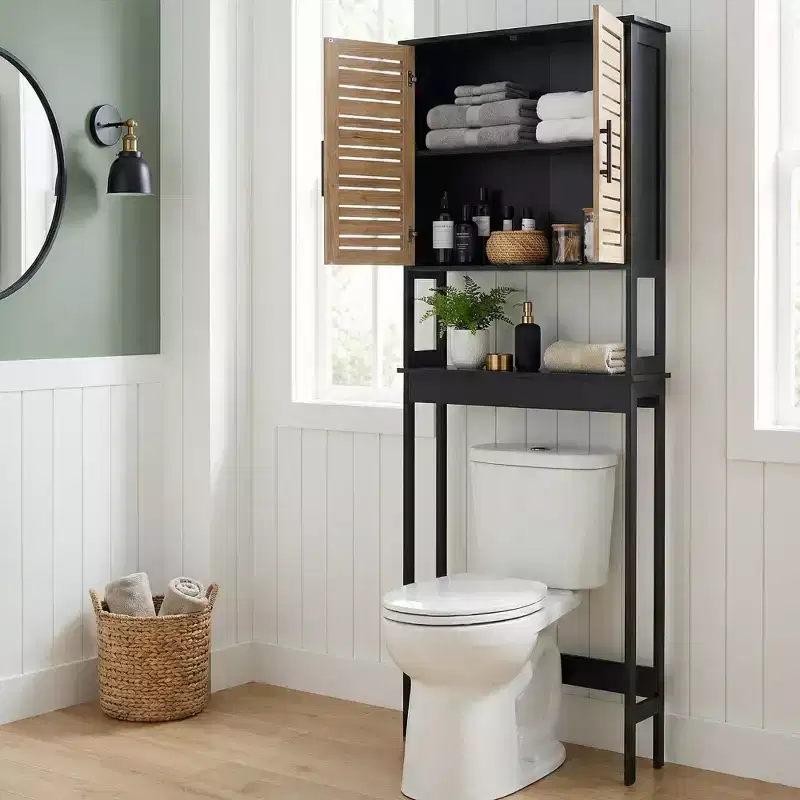 Over The Toilet Storage Cabinet with Double Vented Doors and Open Shelf, Black and Brown