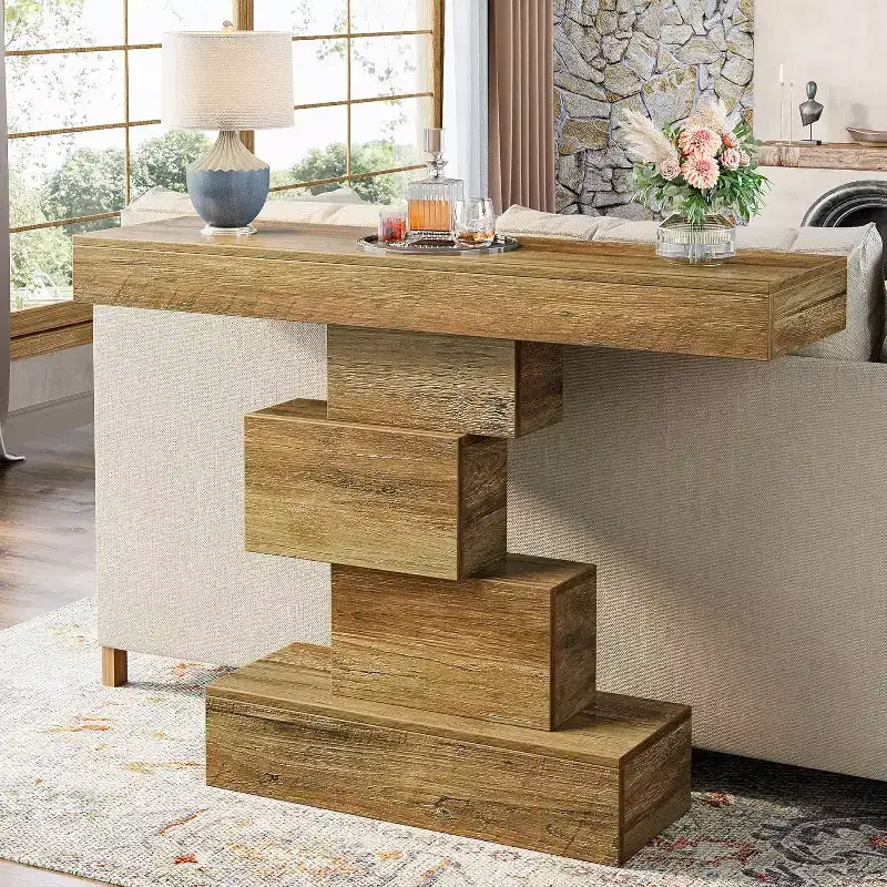 Lantine 42.5 Farmhouse Console Table, Narrow Wood Sofa Table Behind Couch with Geometric Base, Light Brown
