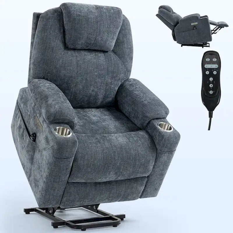Power Lift Recliner | 8-Point Massage | Lumbar Heat | Dual USB | Steel Cup Holders | Blue