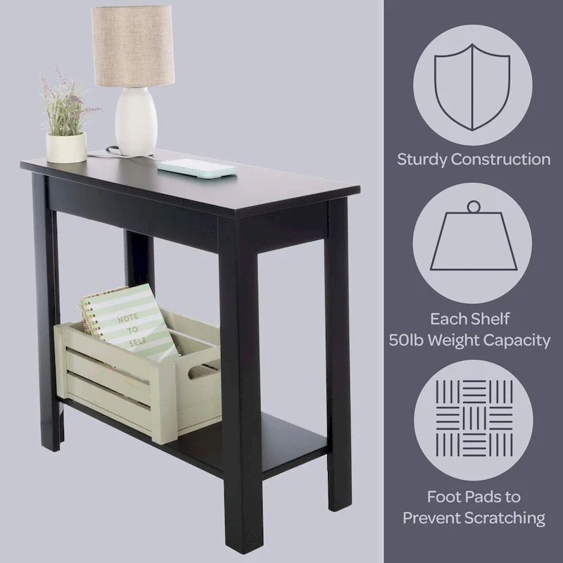 Narrow Side Table with Charging Station and Storage Shelf