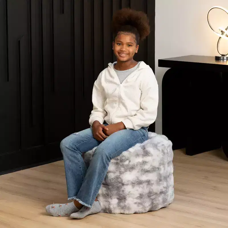 Raven Round Ottoman Accent Pouf by Raven-Symon Home - Faux Fur