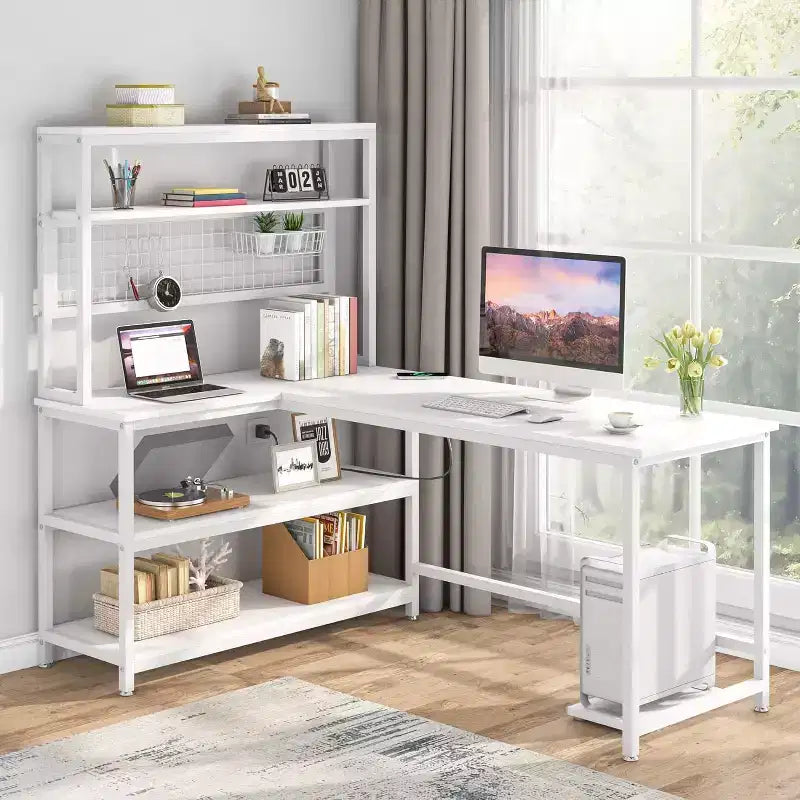 Lantine 55.11 Computer Desk with Wireless Charging 5 Storage Shelves, Office Desk Study Table Writing Desk with Hutch for Home Office