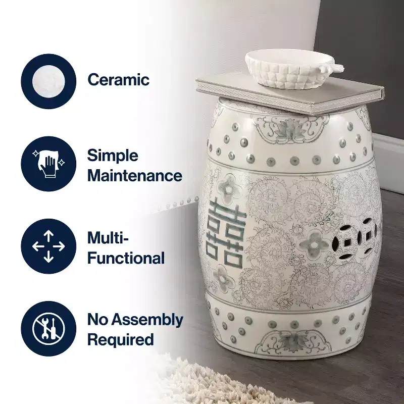 JONATHAN Y Double Happiness 18 Chinoiserie Ceramic Drum Garden Stool/Accent Table