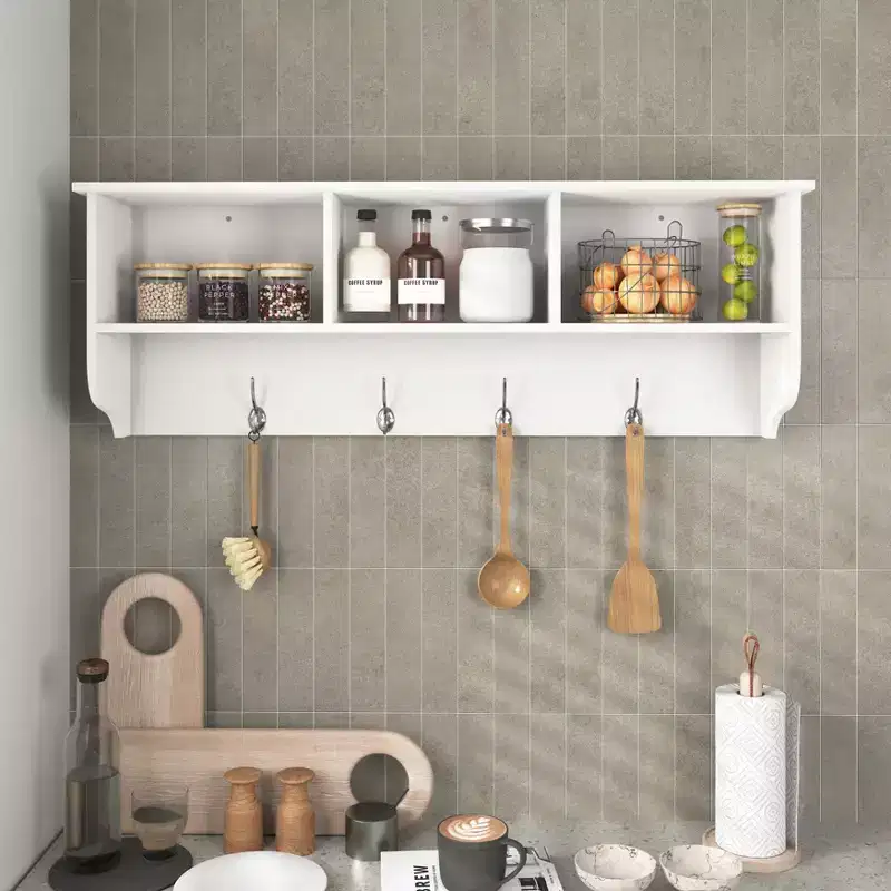 Wall Mounted Coat Rack with 4 Dual Hooks and Wooden Storage Shelf, White Entryway Organizer