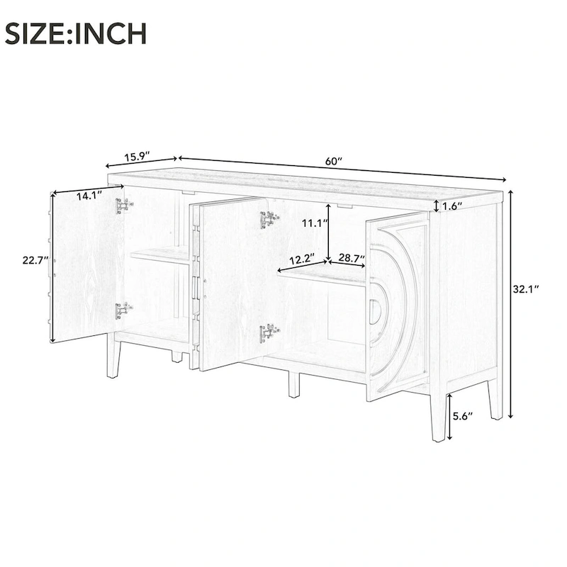 Retro Sideboard Door w/Circular Groove Design Round Metal Door Handle