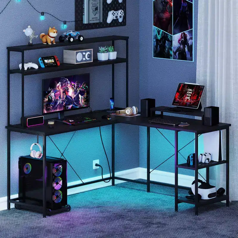 Costway L-Shaped Gaming Desk with LED Strip & Power Outlets Hutch Monitor Stand CPU Stand Brown/Black/Gray