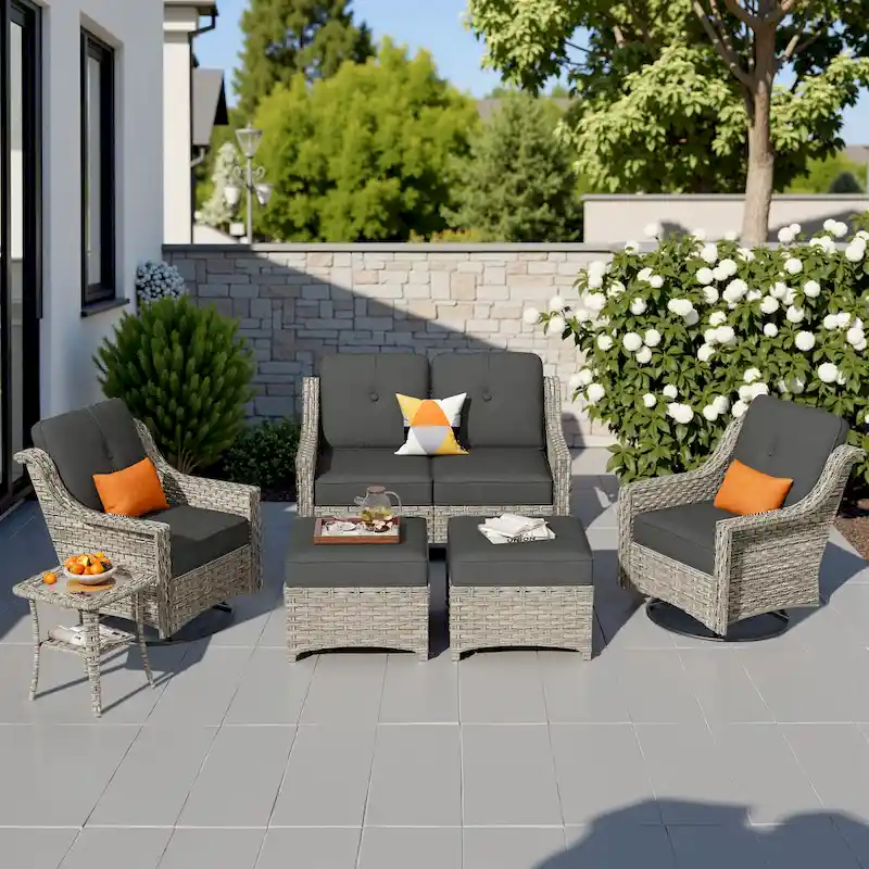 HOOOWOOO 6-piece Wicker Furniture Patio Loveseat Sofa Conversation Set with Swivel Chair