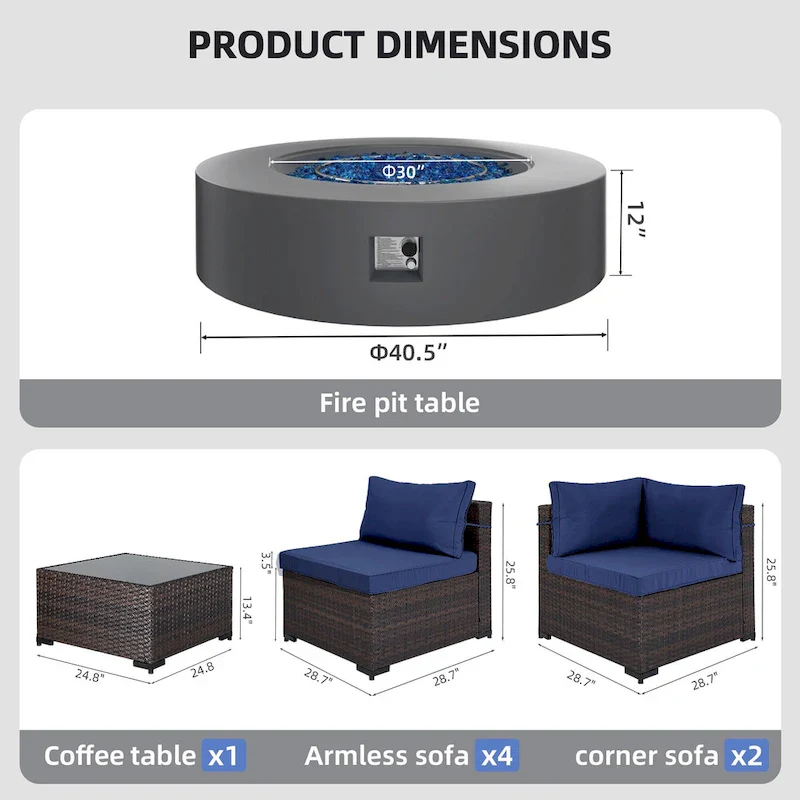 UPHA 8 Pieces Patio Furniture Set with 50,000 BTU Propane Fire Pit Table, Beige / Navy Blue Cushions