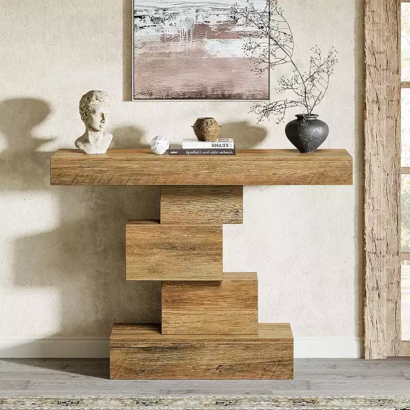 Lantine 42.5 Farmhouse Console Table, Narrow Wood Sofa Table Behind Couch with Geometric Base, Light Brown