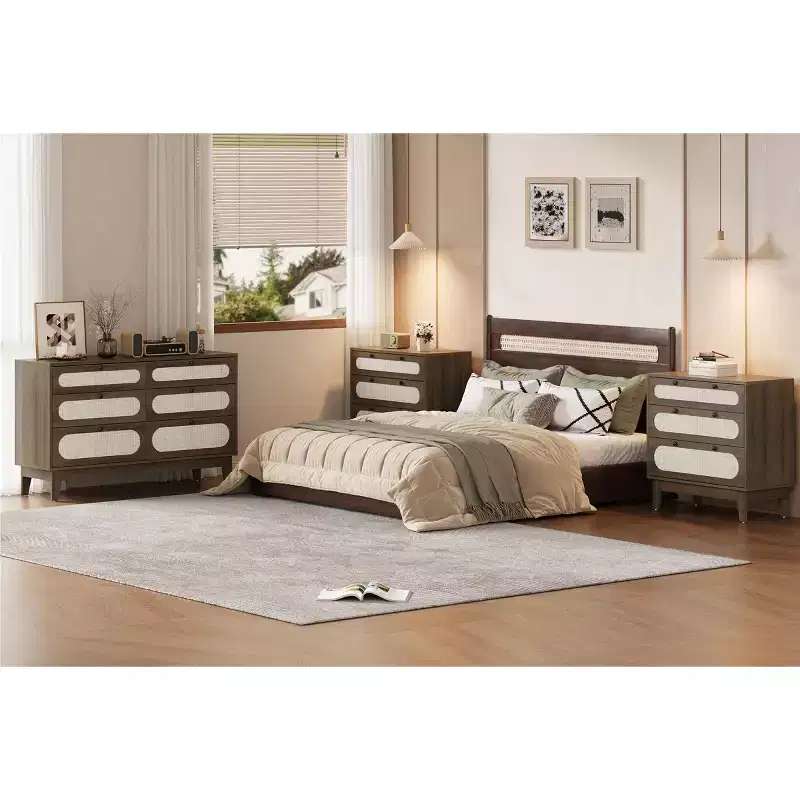 WhizMax 3 Drawer Wood Dresser, Rattan Nightstand Bedside Table