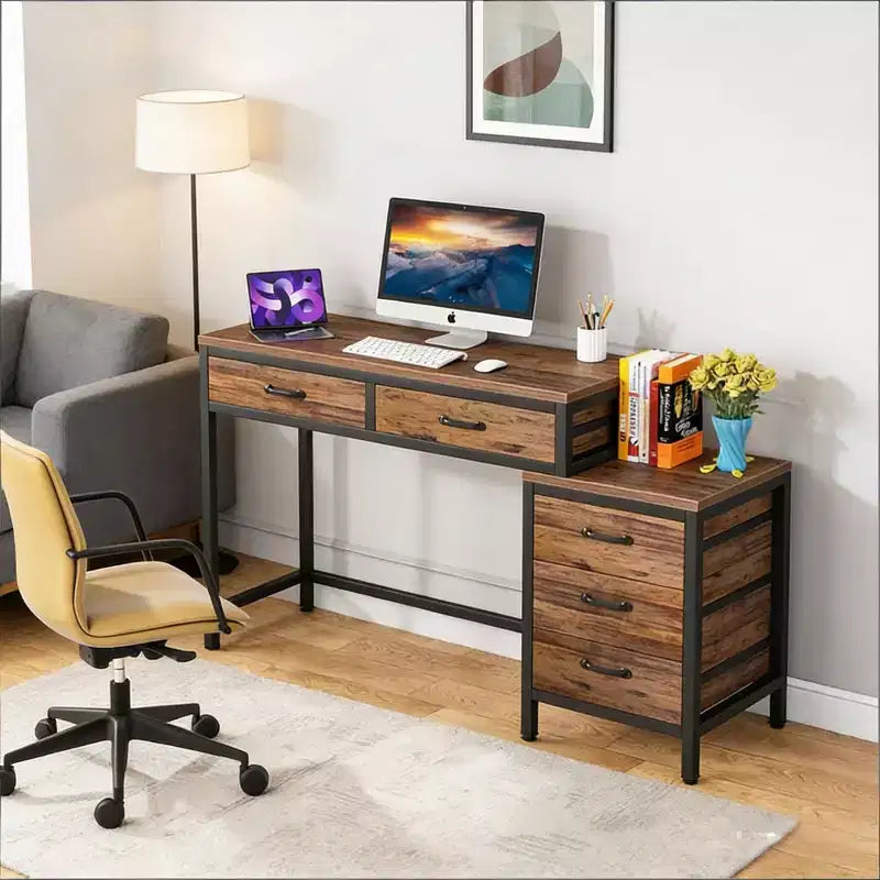 TUYOHW Modern Office Desk with Drawer Cabinet,Compact 2-Drawer Computer Desk and 3-Drawer File Cabinet,Writing Table for Home Office,Study