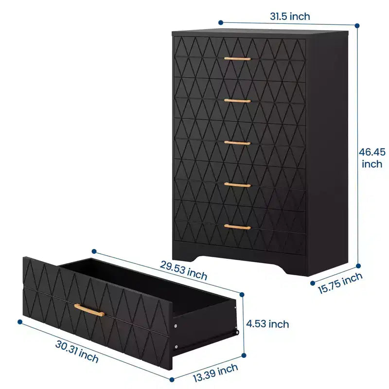 5 Drawer Wooden Dressers for Bedroom, Wood Chest of Drawers with Gold Handles for Closet, Modern Nightstand for Bedside, Storage Organizer Cabinet