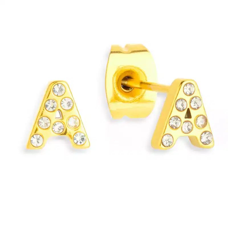EVRY JEWELS WATERPROOF Gold or Silver Plated Stainless Steel Crystal Initial Stud Earrings