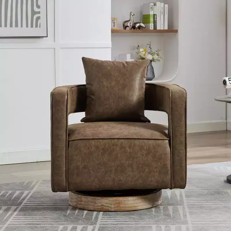 29.1-Inch Swivel Accent Barrel Chair, Upholstered Faux Leather Club Chair with Weathered Rubberwood Base for Living Room and Office