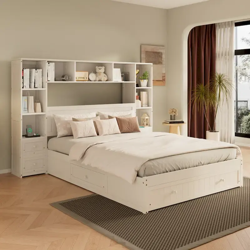 Pine Wood Platform Bed with 2 All-in-one Nightstand, Bookcase Cabinet and 2 Charging Stations, 3 Drawers, Captain Bed Frame